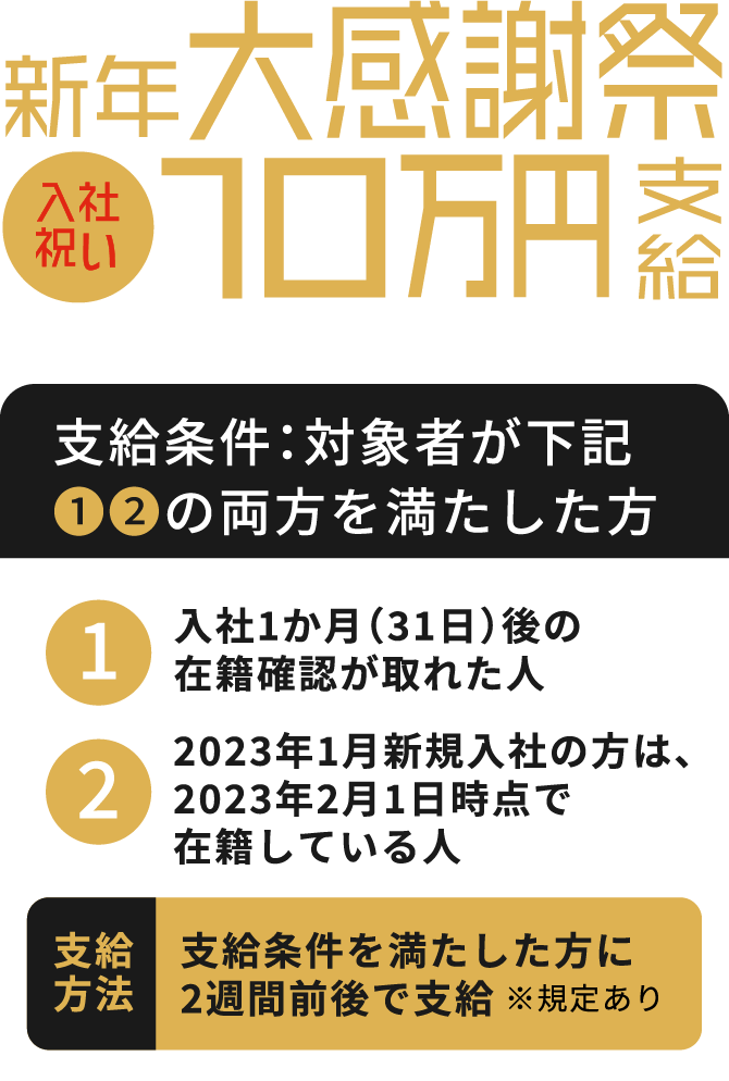 新年大感謝祭 入社祝い10万円支給